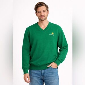 Made in Ireland Green V-Neck Sweater Shamrock Logo Classic Knit